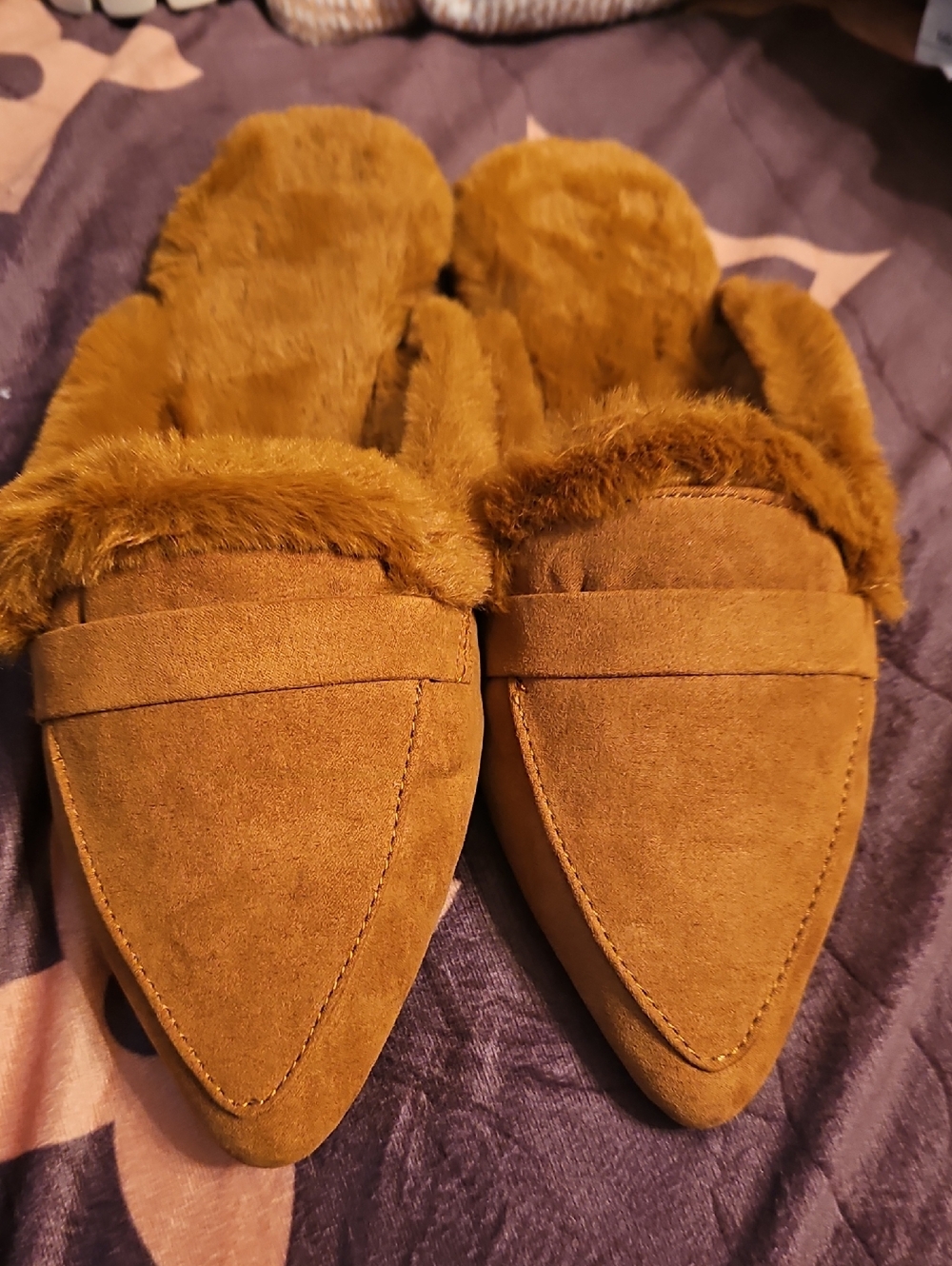 BAMBOO Faux Fur Lined Pointed Mules - Brown